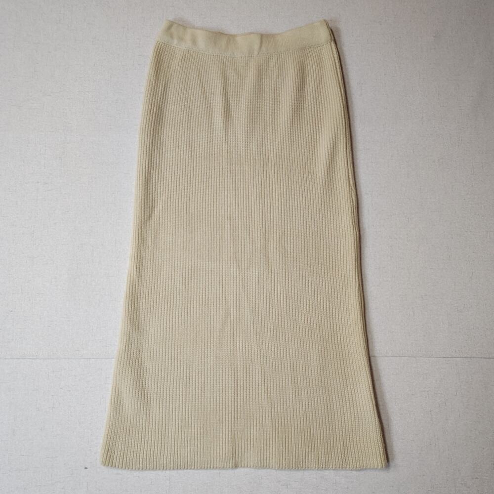 DAZY Womens L Cream Ribbed Knit Midi Skirt Slit High Waist Minimalist Stretch